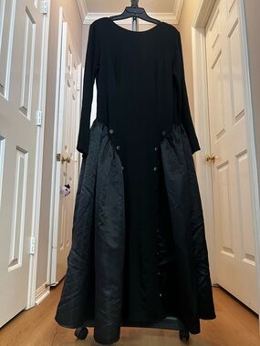 Black Long-Sleeve Maxi Dress with Button-Trim Pockets